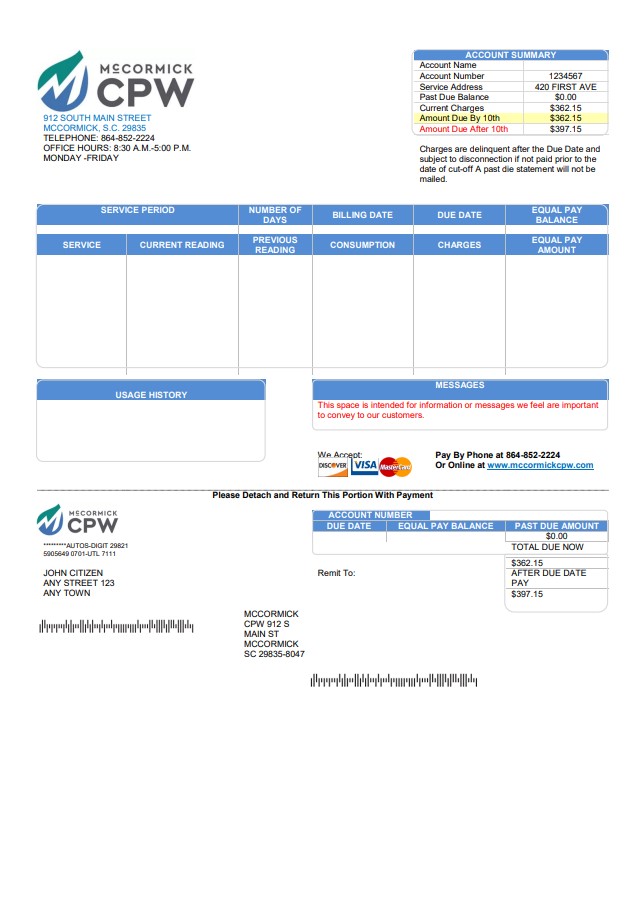 USA CPW utility bill template in Word and PDF format